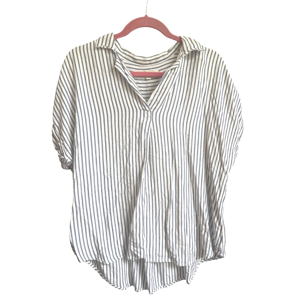 Harper White Blue Striped Short Sleeve Collared Popover Blouse‎ Top M